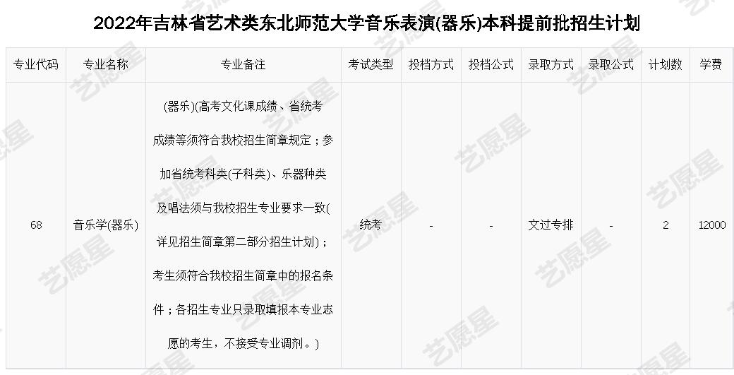 2022年吉林省艺术类东北师范大学音乐表演(器乐)本科提前批招生计划